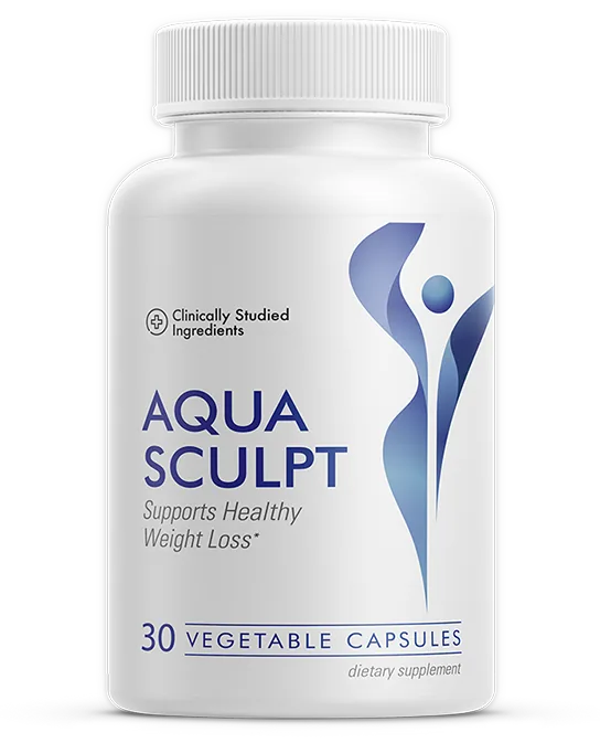 AquaSculpt bottle of 30 vegetable capsules labeled Supports Healthy Weight Loss